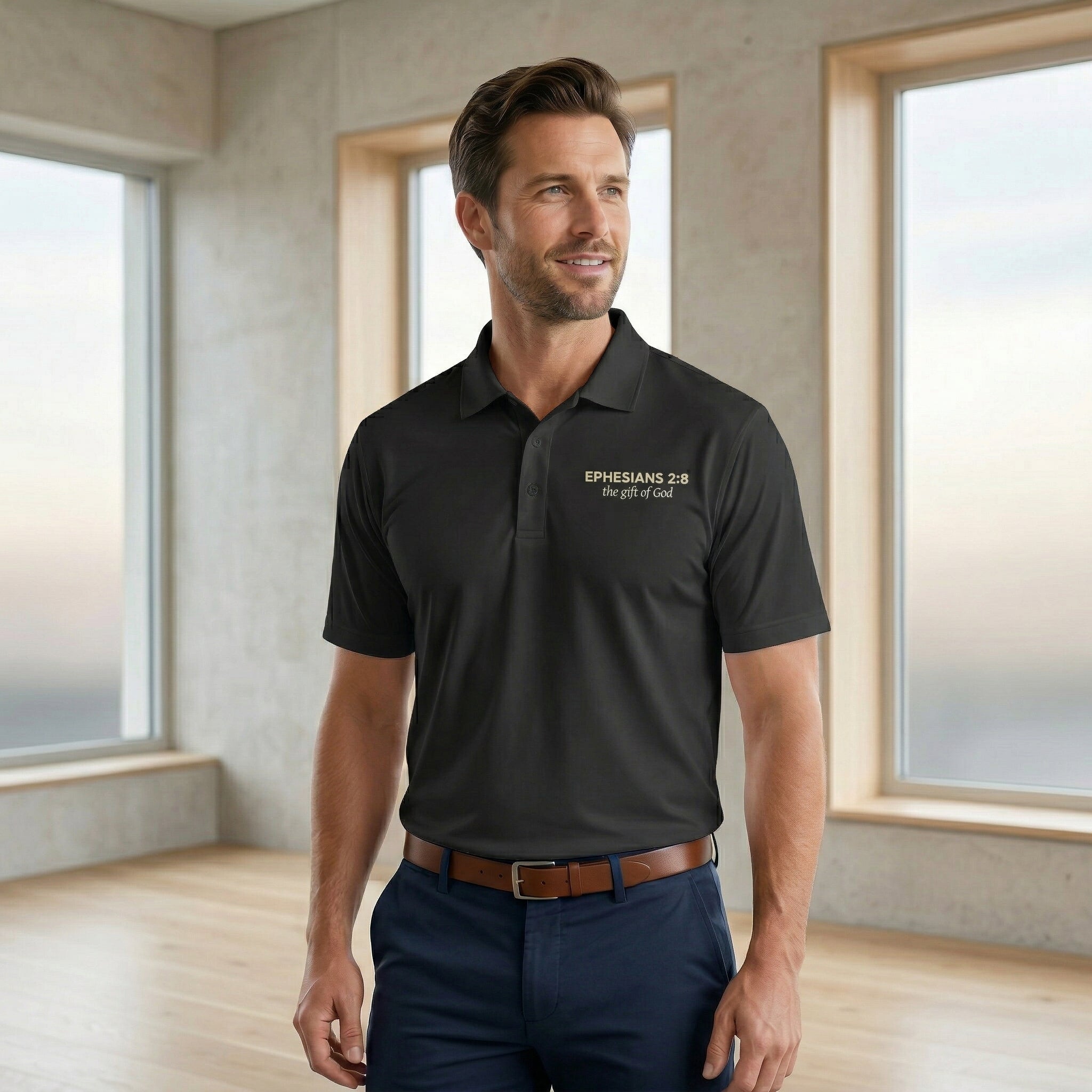Ephesians 2:8 Script Bible Verse Polo | Embroidered Chest Logo
