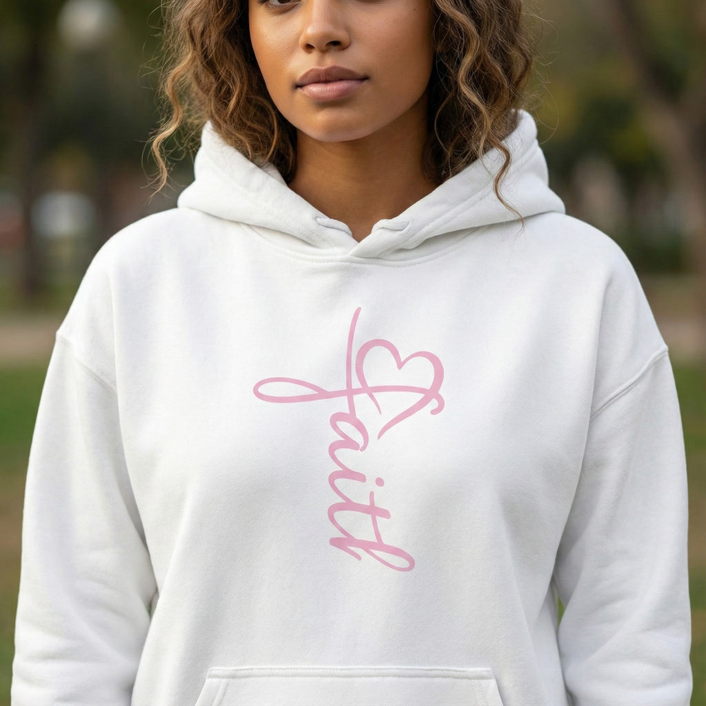 Pink Faith Hoodie | Christian Hoodie for Women | Minimalist Script Cross Hoodie | Christian Streetwear | Faith Gift | Religious Sweatshirt