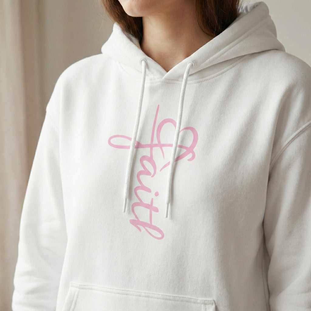 Pink Faith Hoodie | Christian Hoodie for Women | Minimalist Script Cross Hoodie | Christian Streetwear | Faith Gift | Religious Sweatshirt