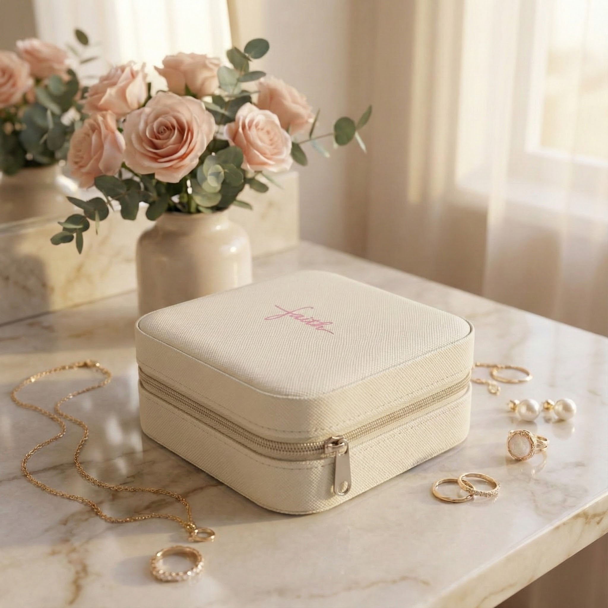 Faith Travel Jewelry Case Christian Jewelry Box Small Zip Organizer Gift for Her Nail Tech or Press On Nail Storage