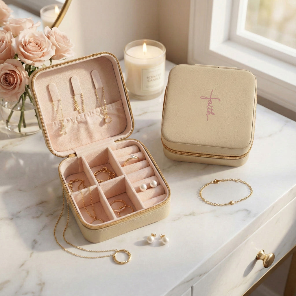 Faith Travel Jewelry Case Christian Jewelry Box Small Zip Organizer Gift for Her Nail Tech or Press On Nail Storage