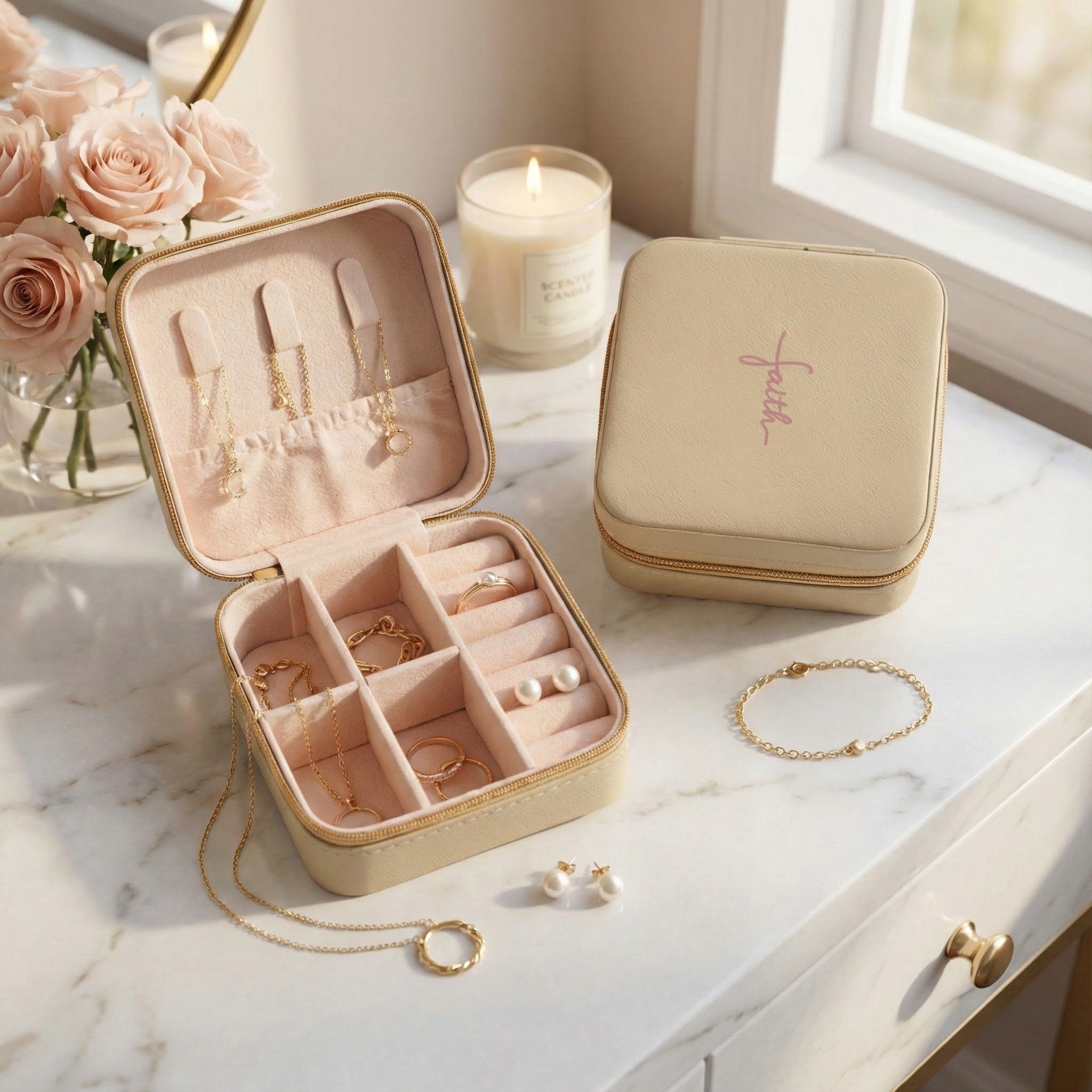 Faith Travel Jewelry Case Christian Jewelry Box Small Zip Organizer Gift for Her Nail Tech or Press On Nail Storage