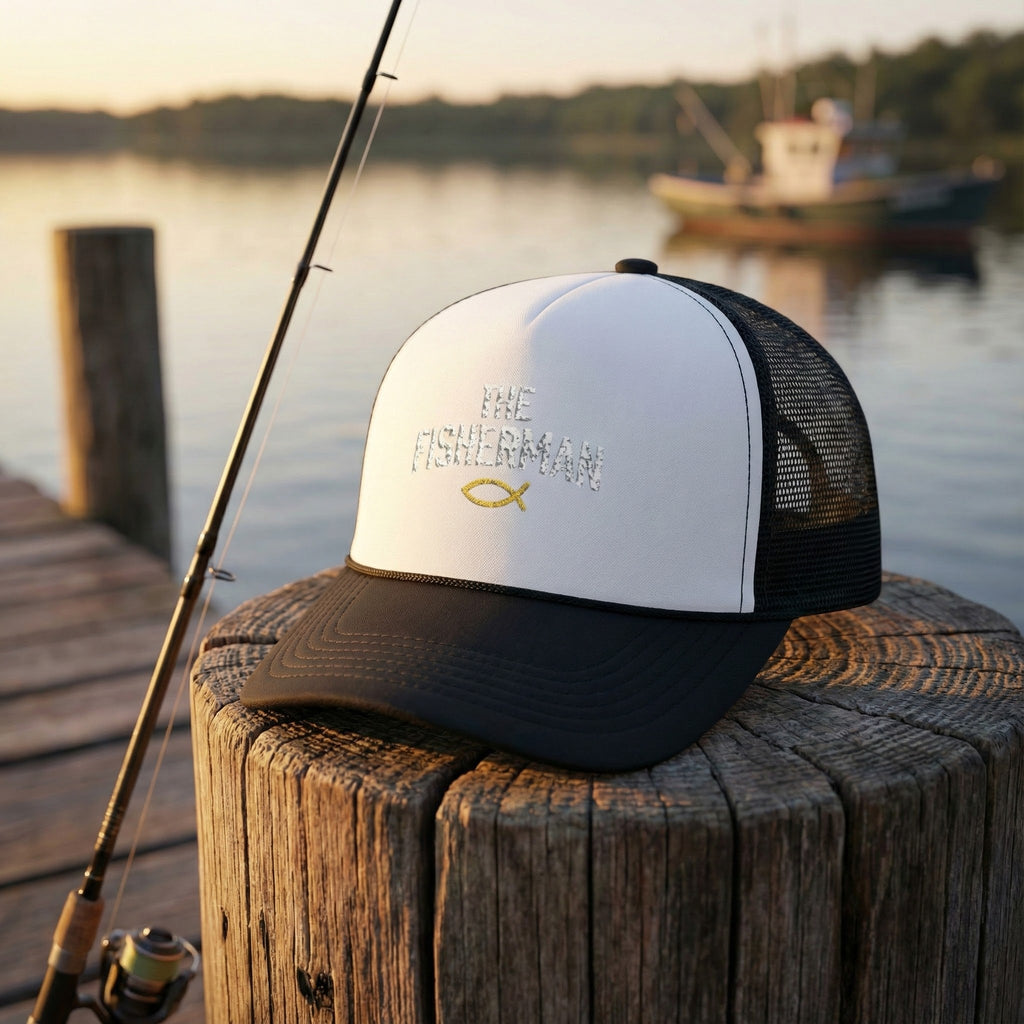The Fisherman embroidered trucker hat | Fishing Christian Ichthys symbol