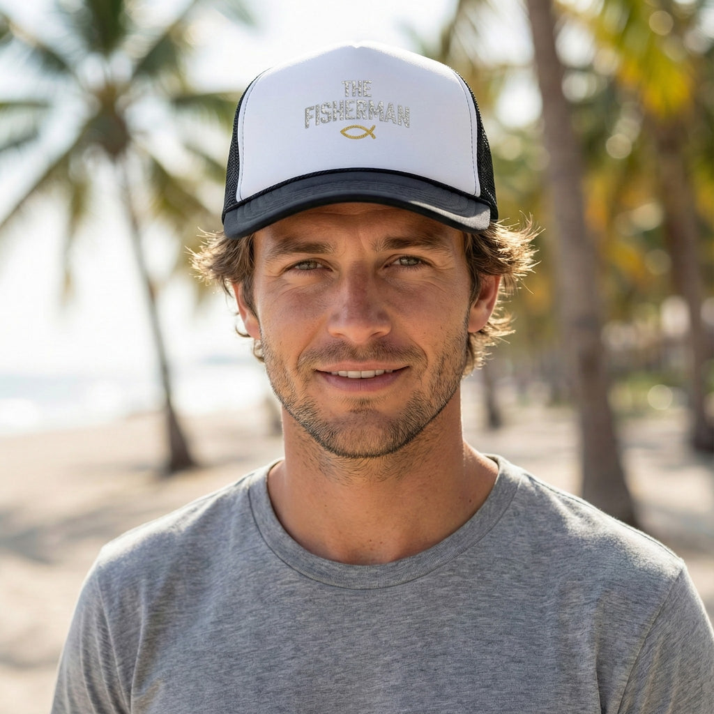 The Fisherman embroidered trucker hat | Fishing Christian Ichthys symbol