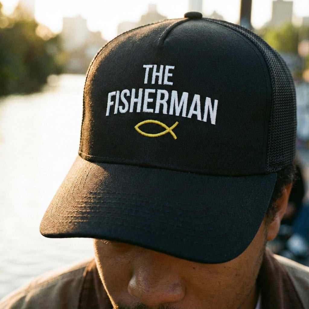 The Fisherman embroidered trucker hat | Fishing Christian Ichthys symbol