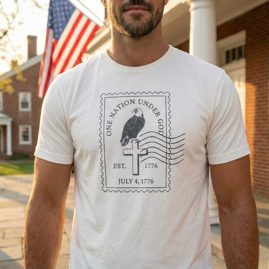 One Nation Under God Shirt, Patriotic Christian T Shirt, July 4 1776 Americana Tee, Stamp Design, Faith and Freedom Gift, America 250
