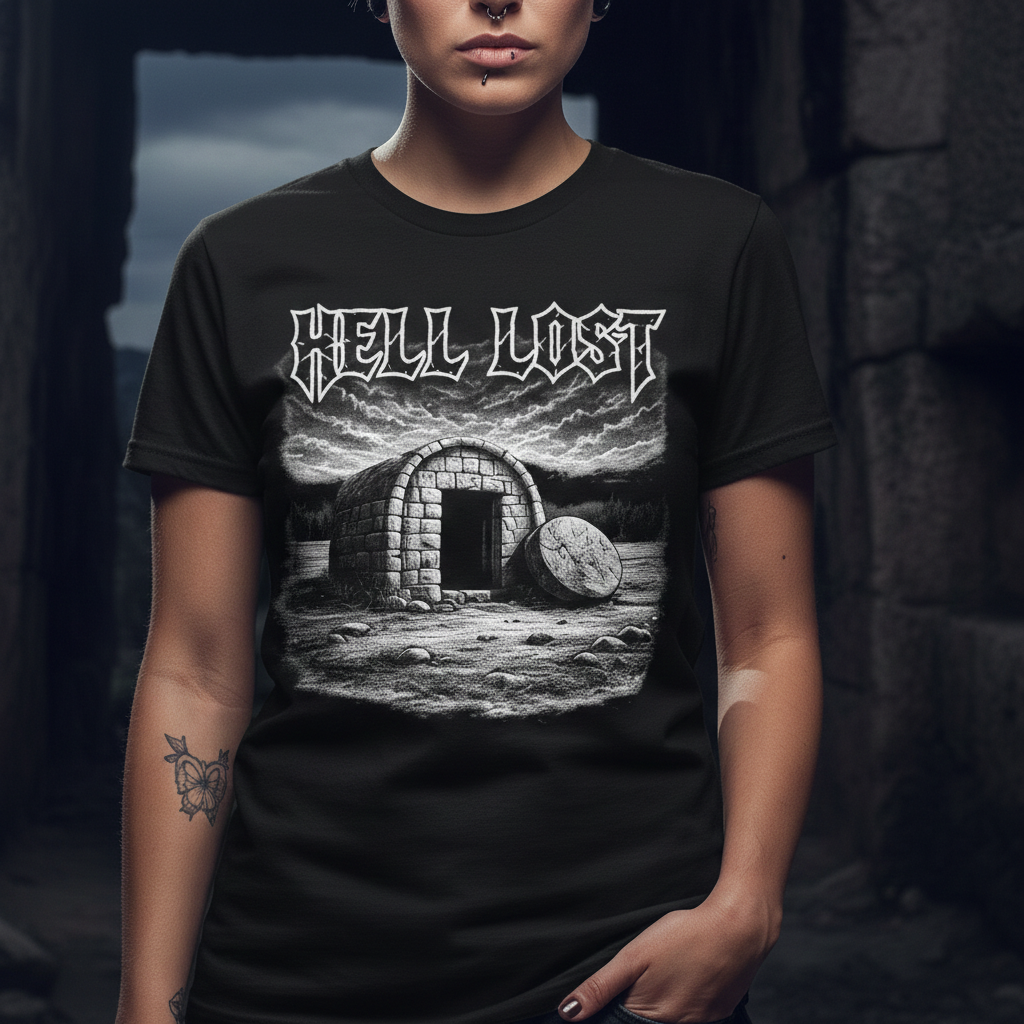 Christian Graphic T Shirt Hell Lost Illustration | Dark Faith Streetwear Tee | Gothic Christian Shirt | Black Metal Style Faith Apparel
