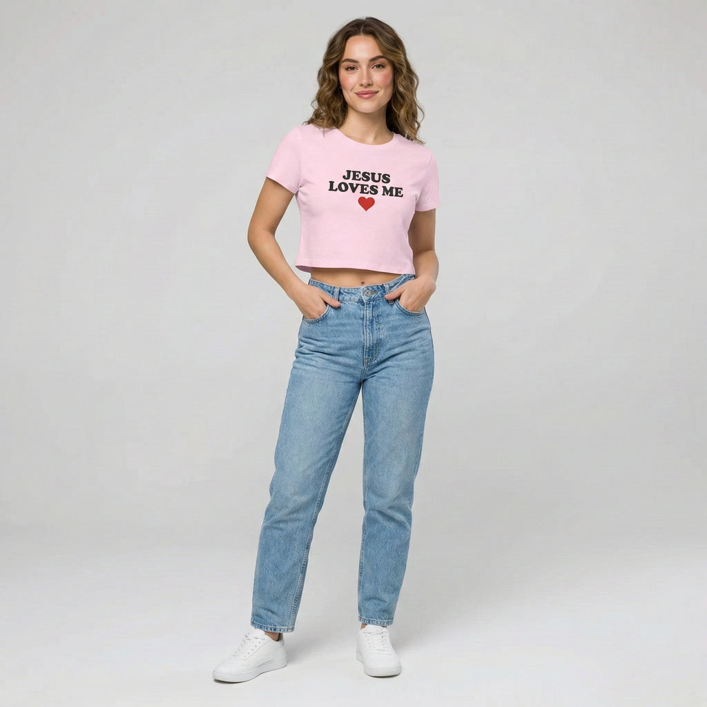 Jesus Loves Me Baby Tee, Christian Crop Top for Women, Faith Graphic Shirt, Minimal Religious Top