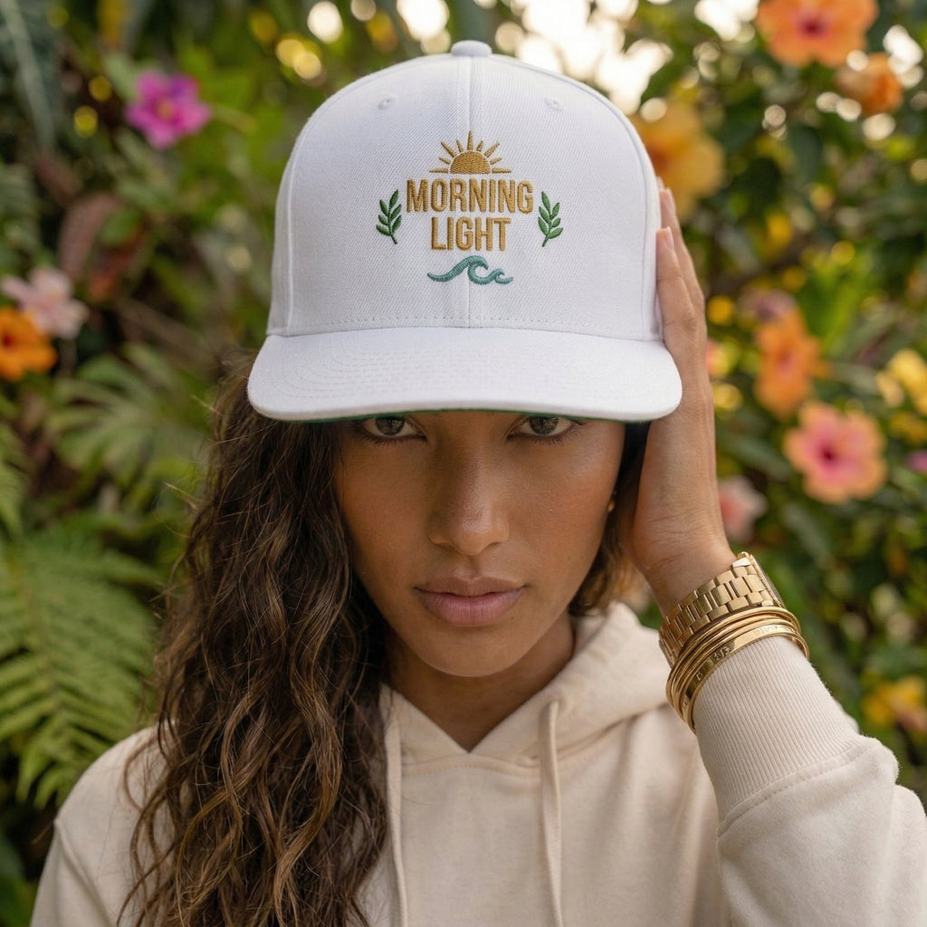 Morning Light embroidered flat bill cap | sun, laurel, wave design