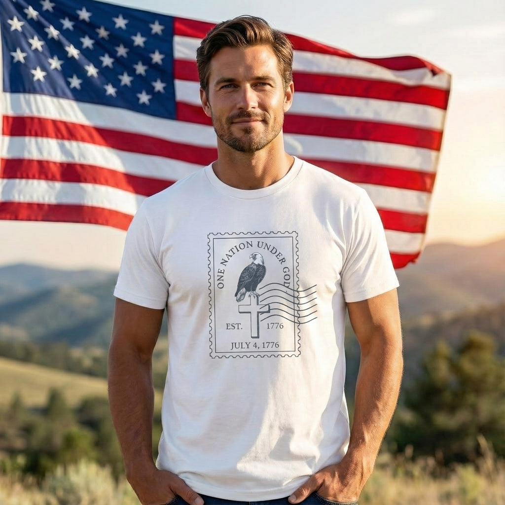 One Nation Under God Shirt, Patriotic Christian T Shirt, July 4 1776 Americana Tee, Stamp Design, Faith and Freedom Gift, America 250