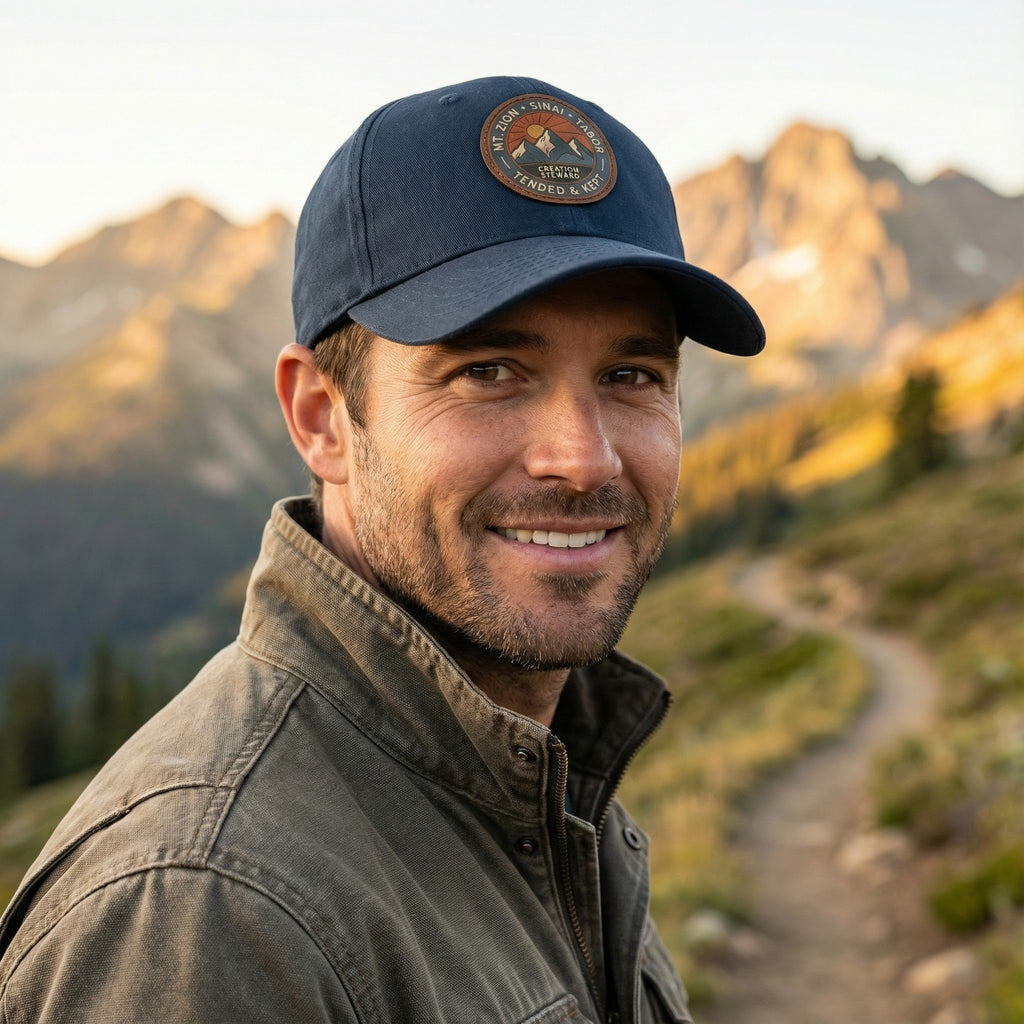 Leather Patch Dad Hat, Christian Mountain Cap, Genesis 2 15 Tended and Kept, Creation Care Outdoor Hat, Gift For Him