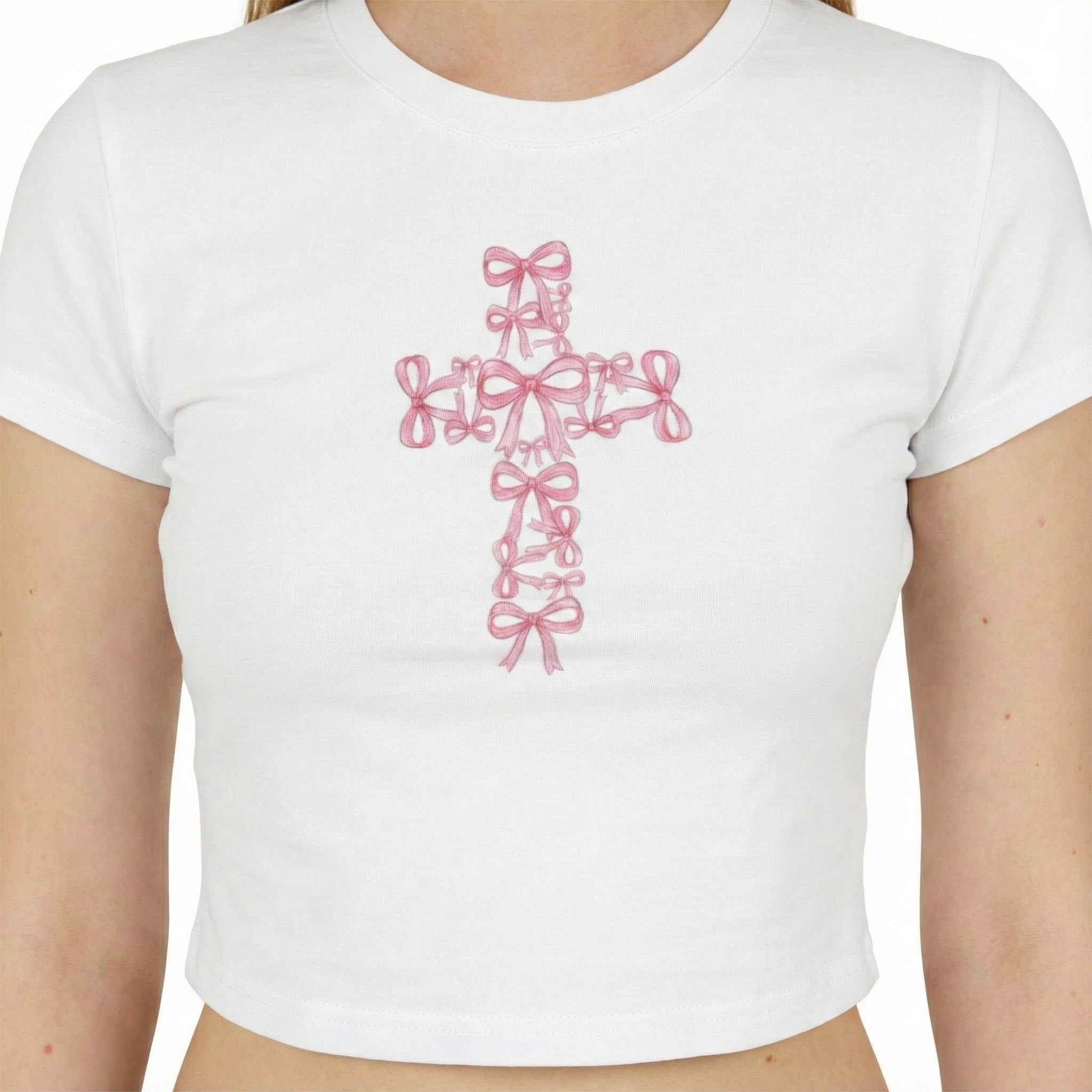 Pink Ribbon Cross Women's Baby Tee | Floral Bow Cross Shirt
