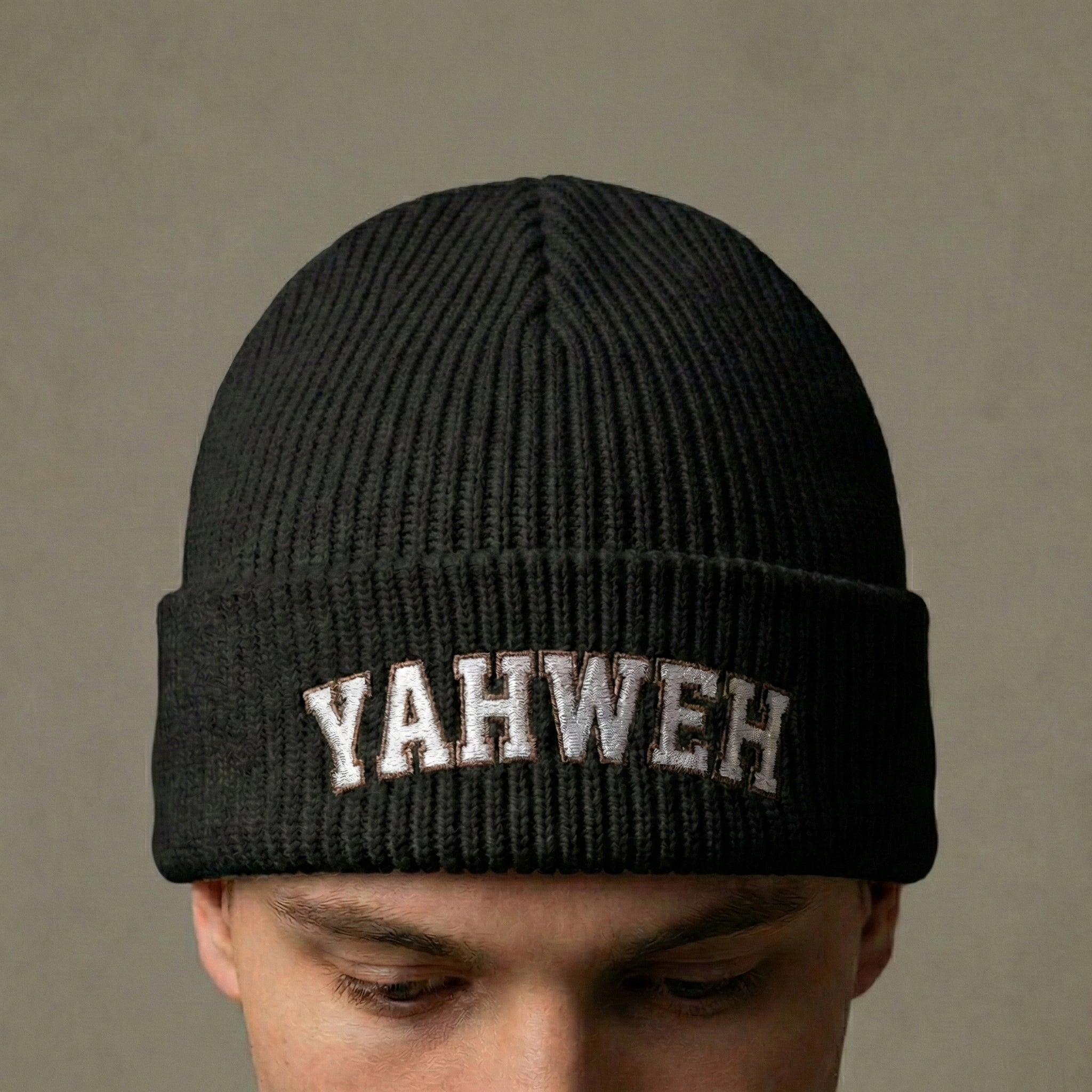 YAHWEH Cuff Beanie | Religious Script Knit Hat