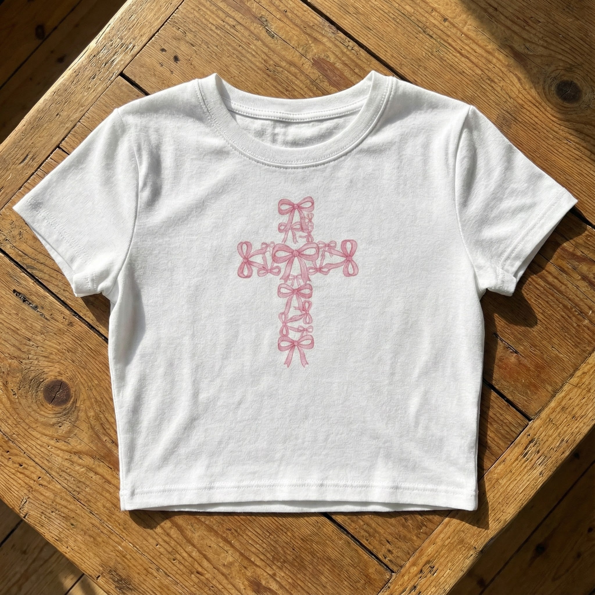 Pink Ribbon Cross Women's Baby Tee | Floral Bow Cross Shirt