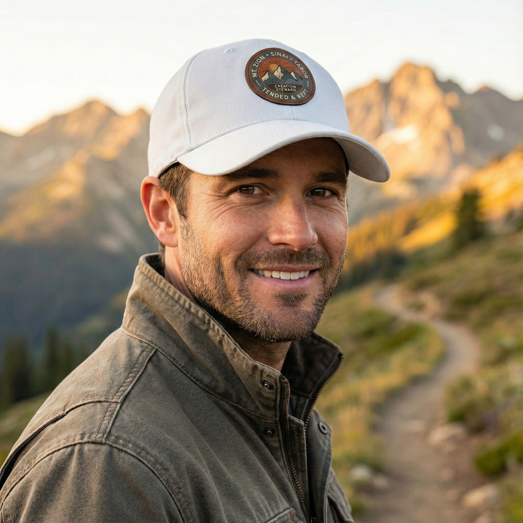 Leather Patch Dad Hat, Christian Mountain Cap, Genesis 2 15 Tended and Kept, Creation Care Outdoor Hat, Gift For Him