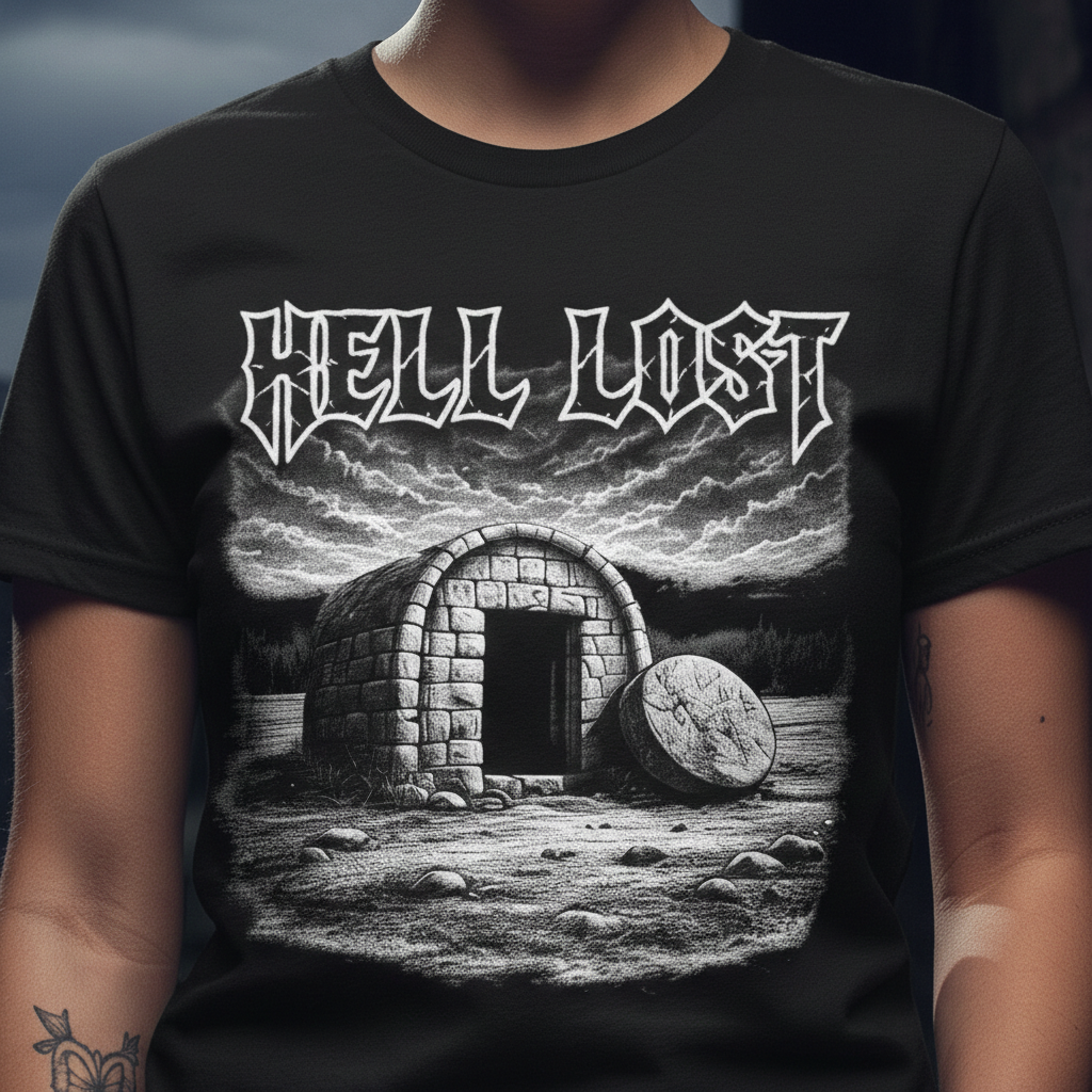 Christian Graphic T Shirt Hell Lost Illustration | Dark Faith Streetwear Tee | Gothic Christian Shirt | Black Metal Style Faith Apparel