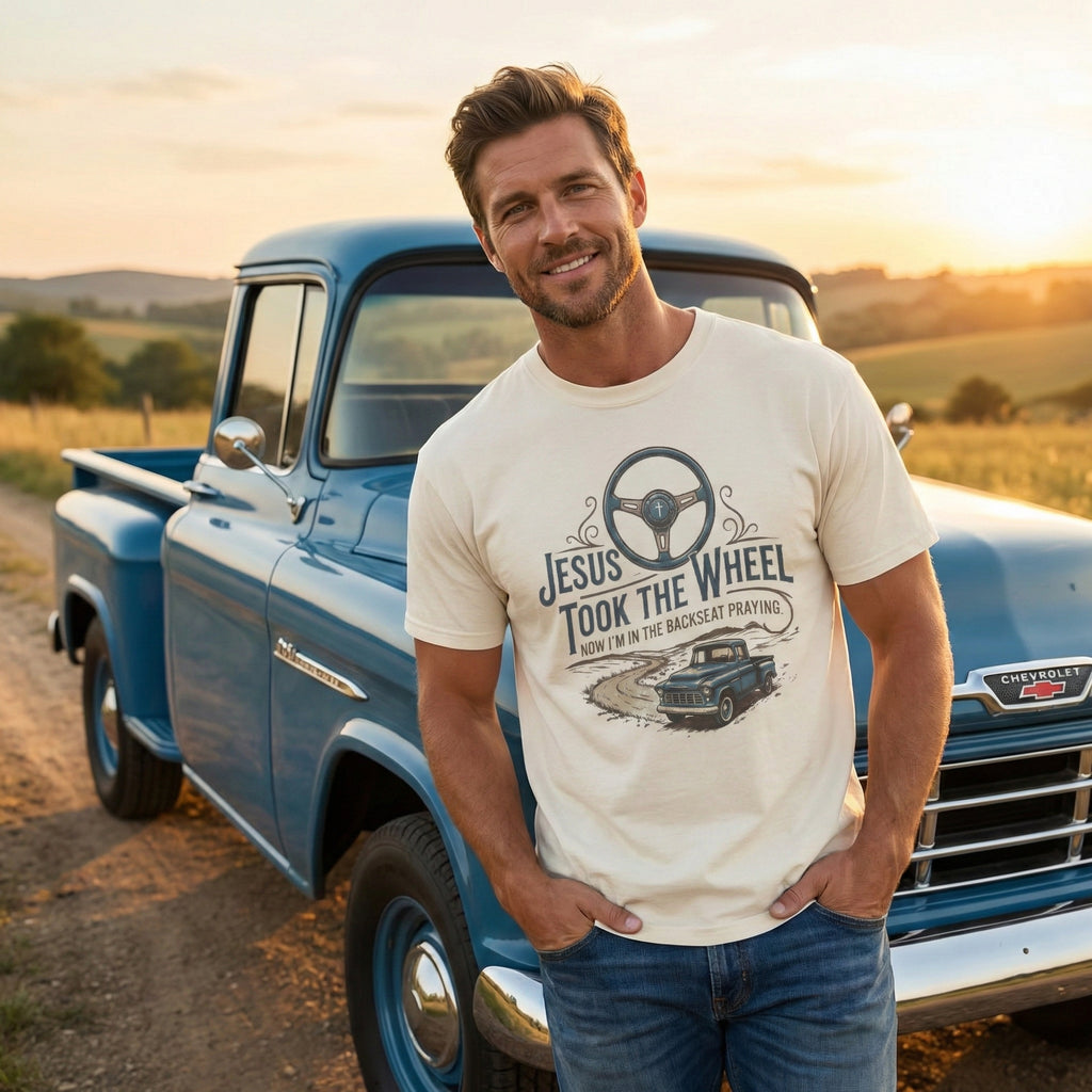 Jesus Took the Wheel steering wheel and vintage truck T-shirt | Christian faith shirt