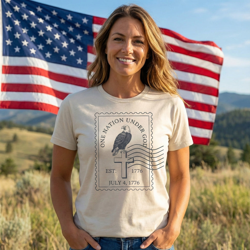 One Nation Under God Shirt, Patriotic Christian T Shirt, July 4 1776 Americana Tee, Stamp Design, Faith and Freedom Gift, America 250
