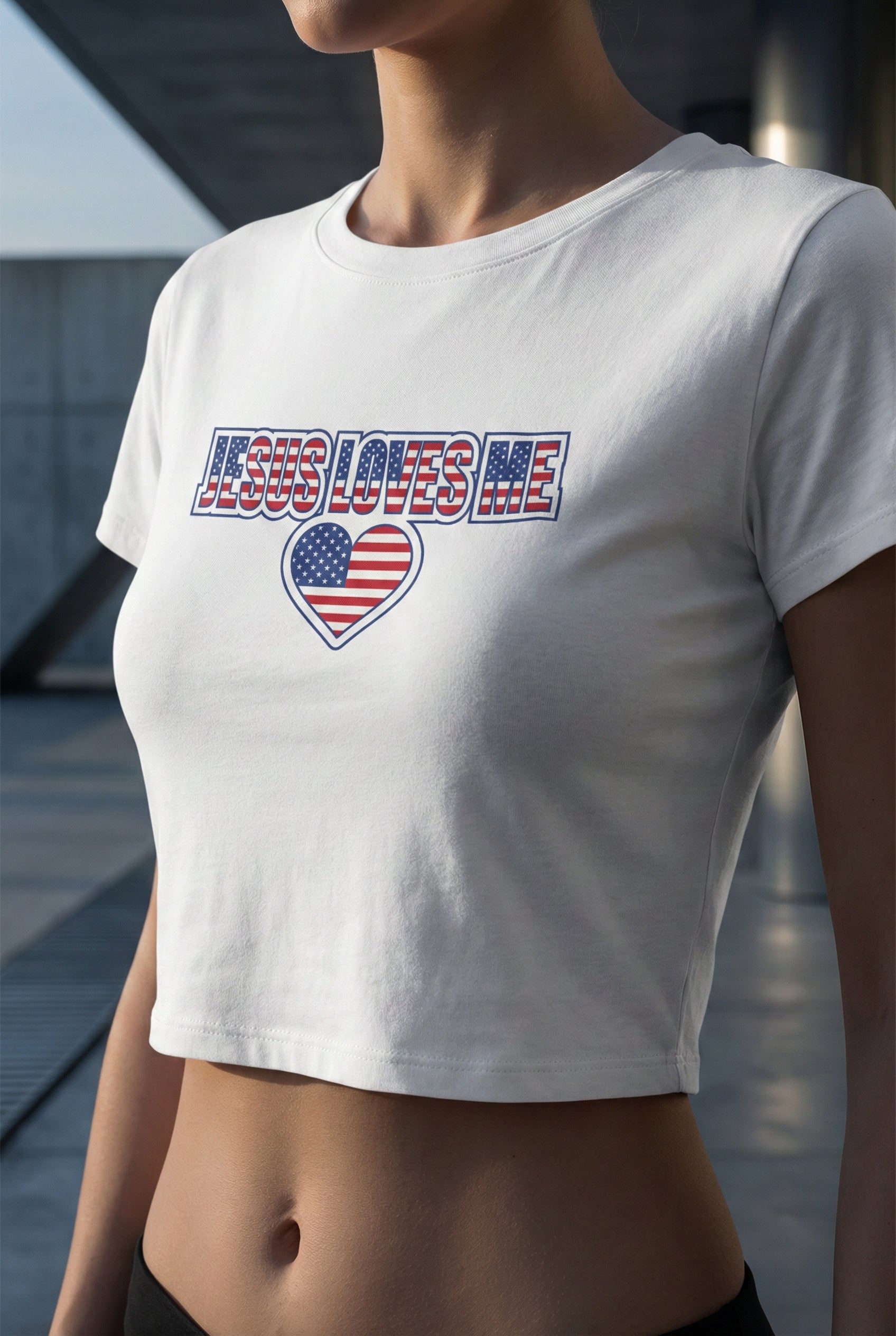 Jesus Loves Me Baby Tee, Patriotic Christian Crop Top, American Flag Heart Faith Shirt