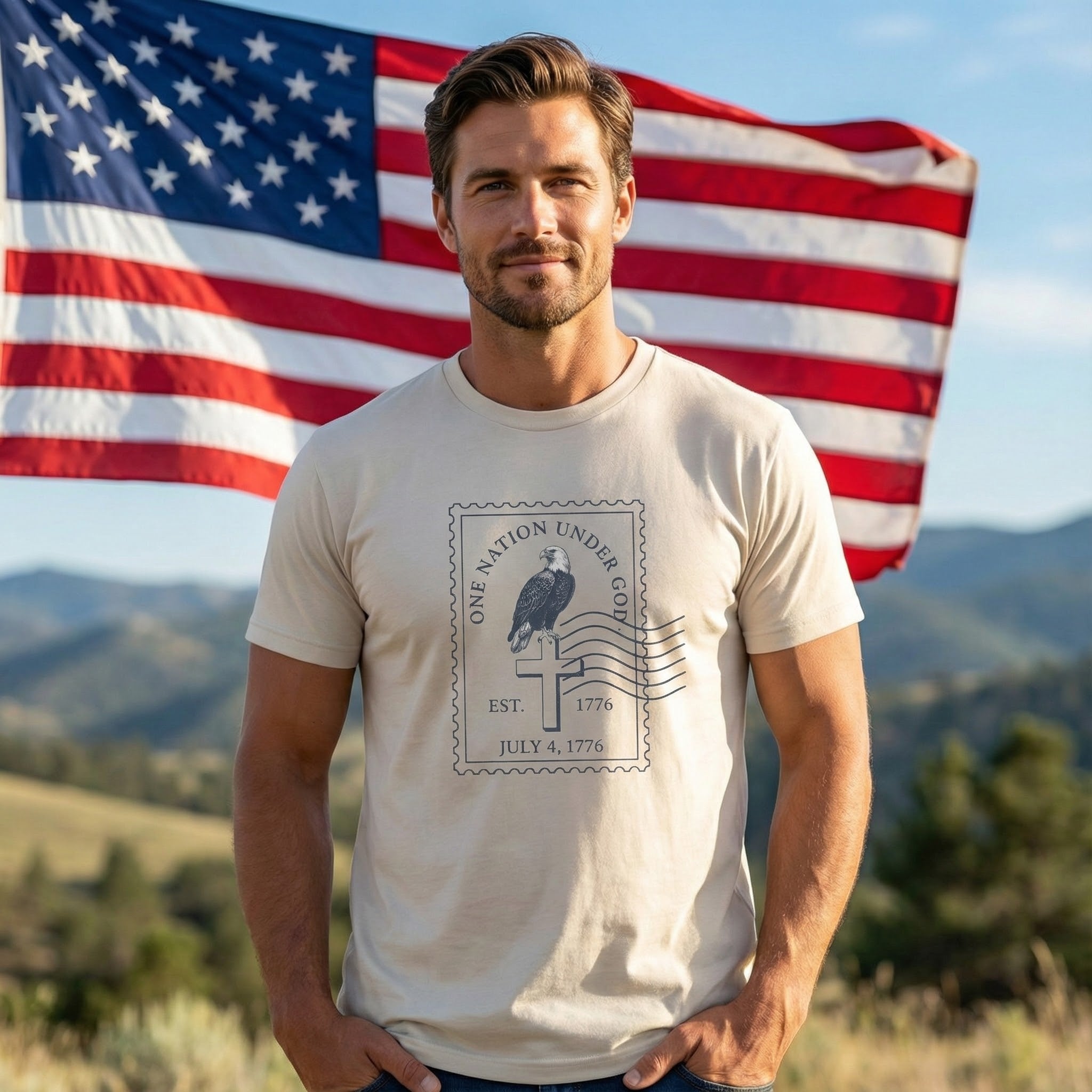 One Nation Under God Shirt, Patriotic Christian T Shirt, July 4 1776 Americana Tee, Stamp Design, Faith and Freedom Gift, America 250