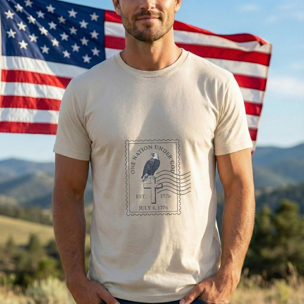 One Nation Under God Shirt, Patriotic Christian T Shirt, July 4 1776 Americana Tee, Stamp Design, Faith and Freedom Gift, America 250
