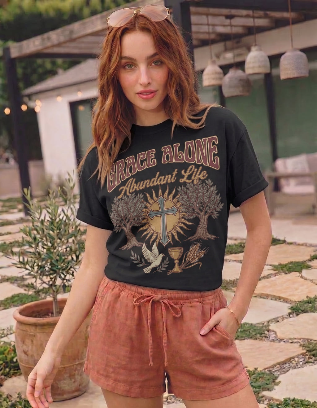 Grace Alone Abundant Life T-shirt | Christian cross, chalice, olive trees