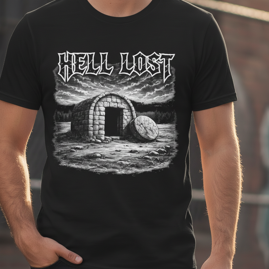 Christian Graphic T Shirt Hell Lost Illustration | Dark Faith Streetwear Tee | Gothic Christian Shirt | Black Metal Style Faith Apparel