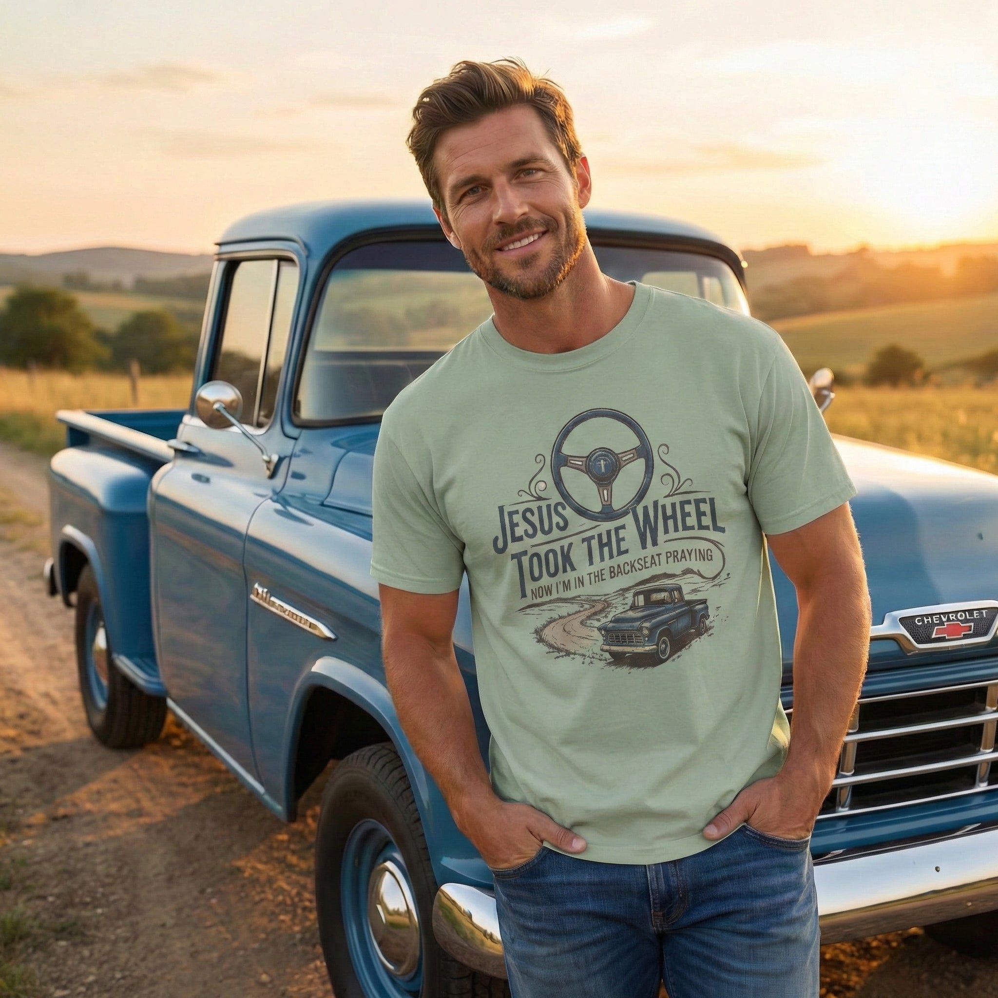 Jesus Took the Wheel steering wheel and vintage truck T-shirt | Christian faith shirt