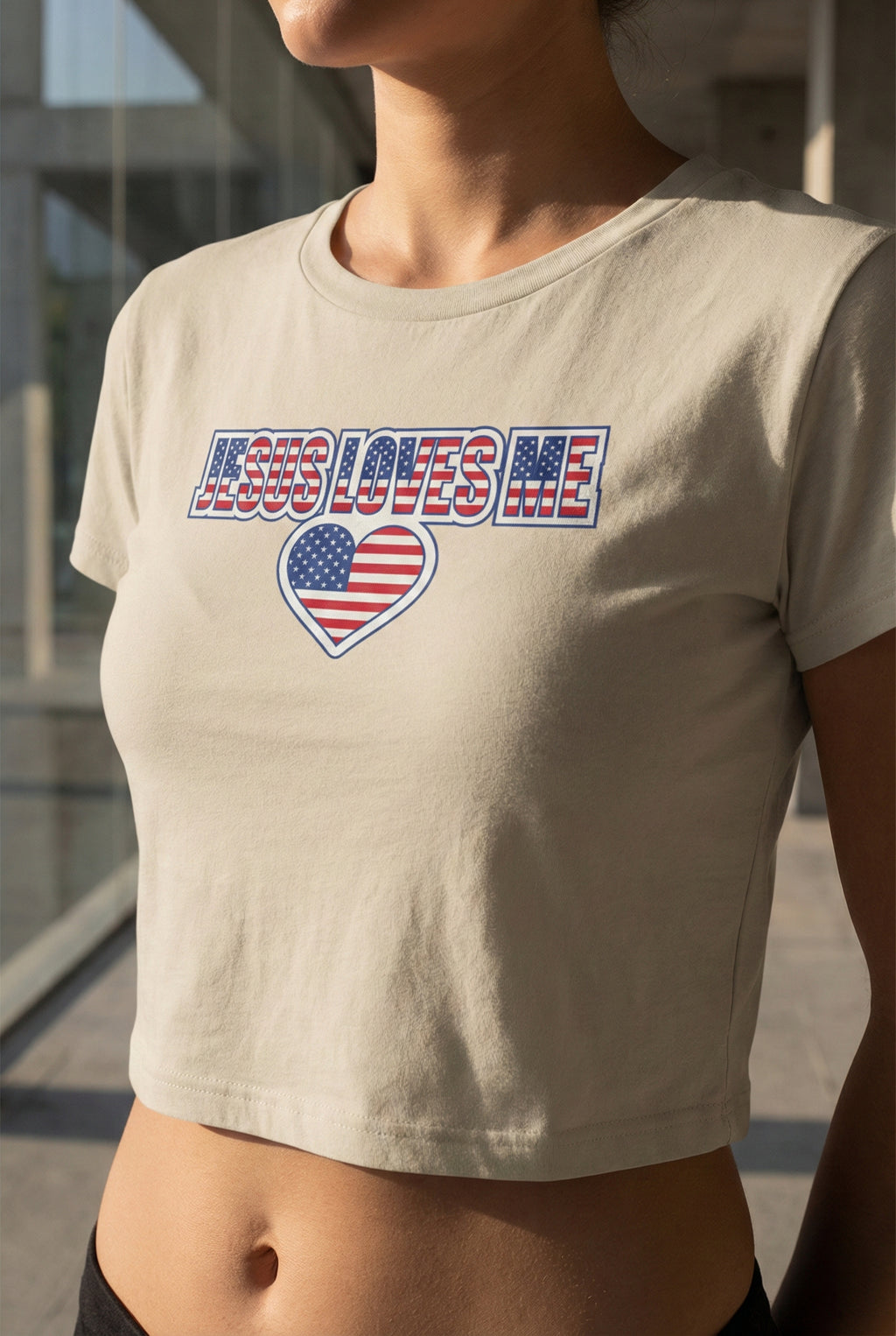 Jesus Loves Me Baby Tee, Patriotic Christian Crop Top, American Flag Heart Faith Shirt