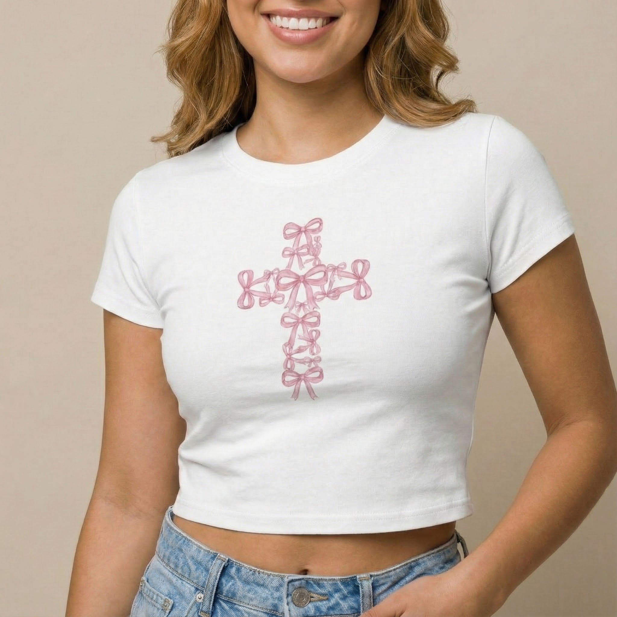 Pink Ribbon Cross Women's Baby Tee | Floral Bow Cross Shirt