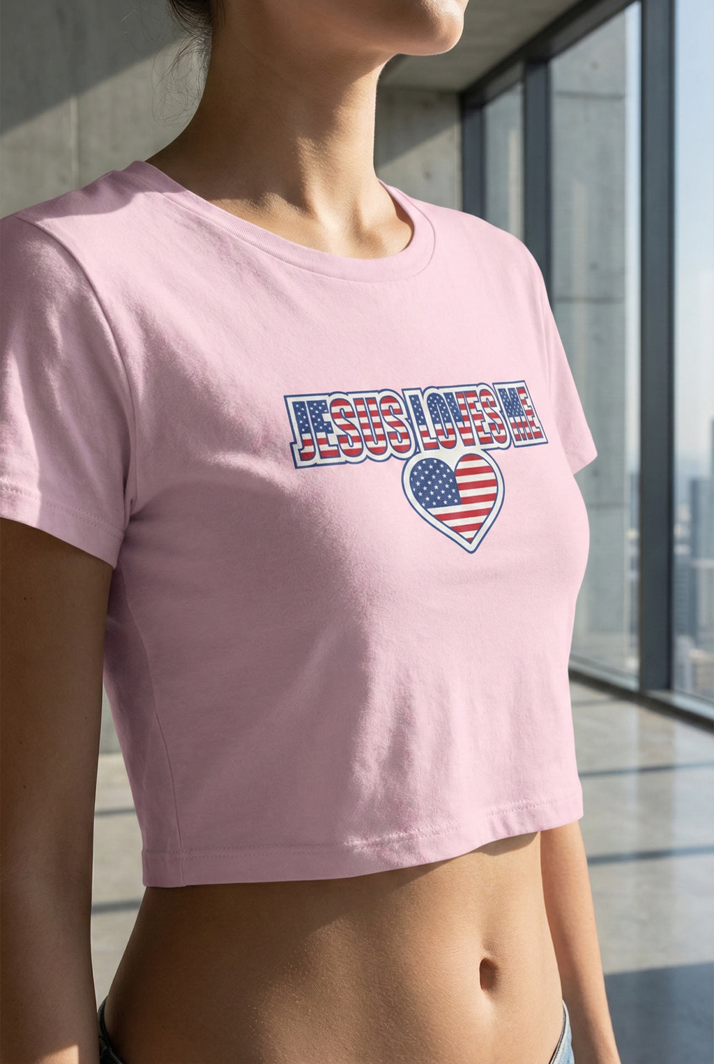 Jesus Loves Me Baby Tee, Patriotic Christian Crop Top, American Flag Heart Faith Shirt