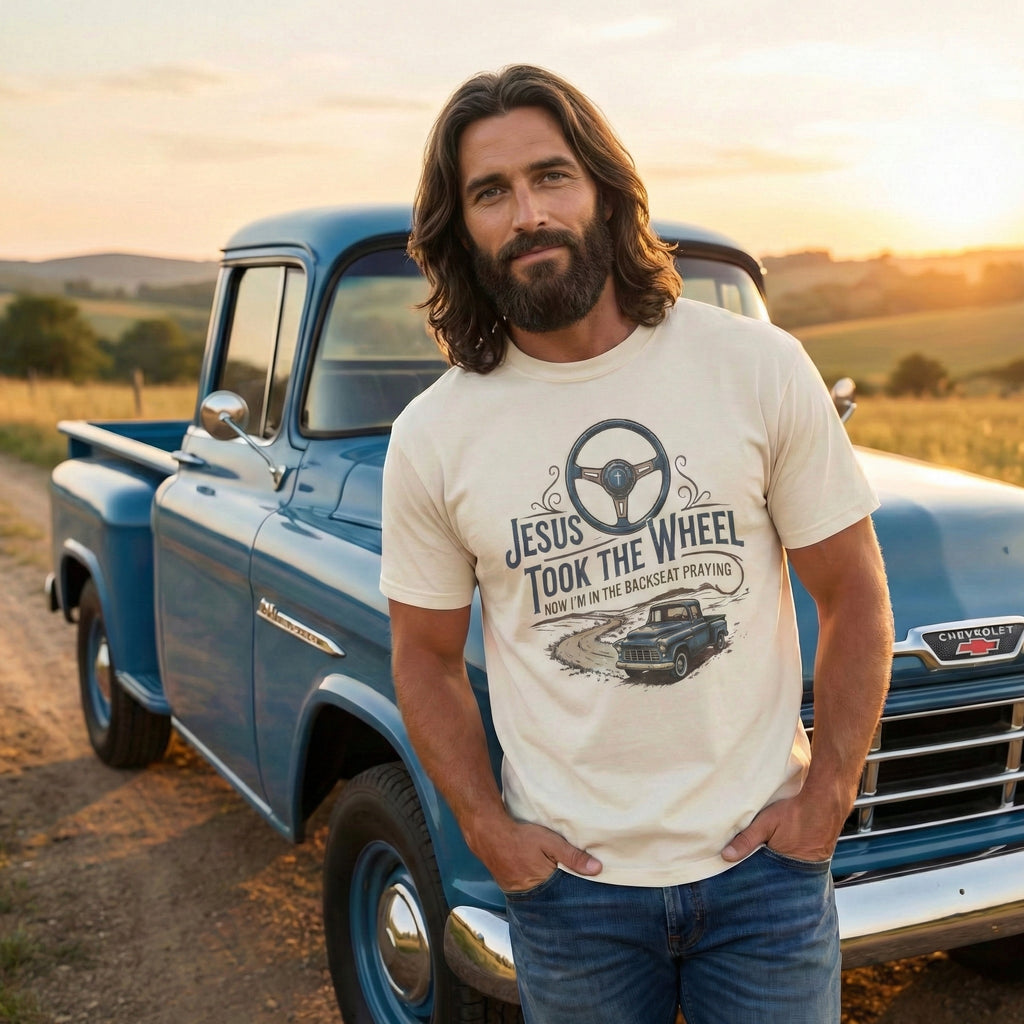 Jesus Took the Wheel steering wheel and vintage truck T-shirt | Christian faith shirt