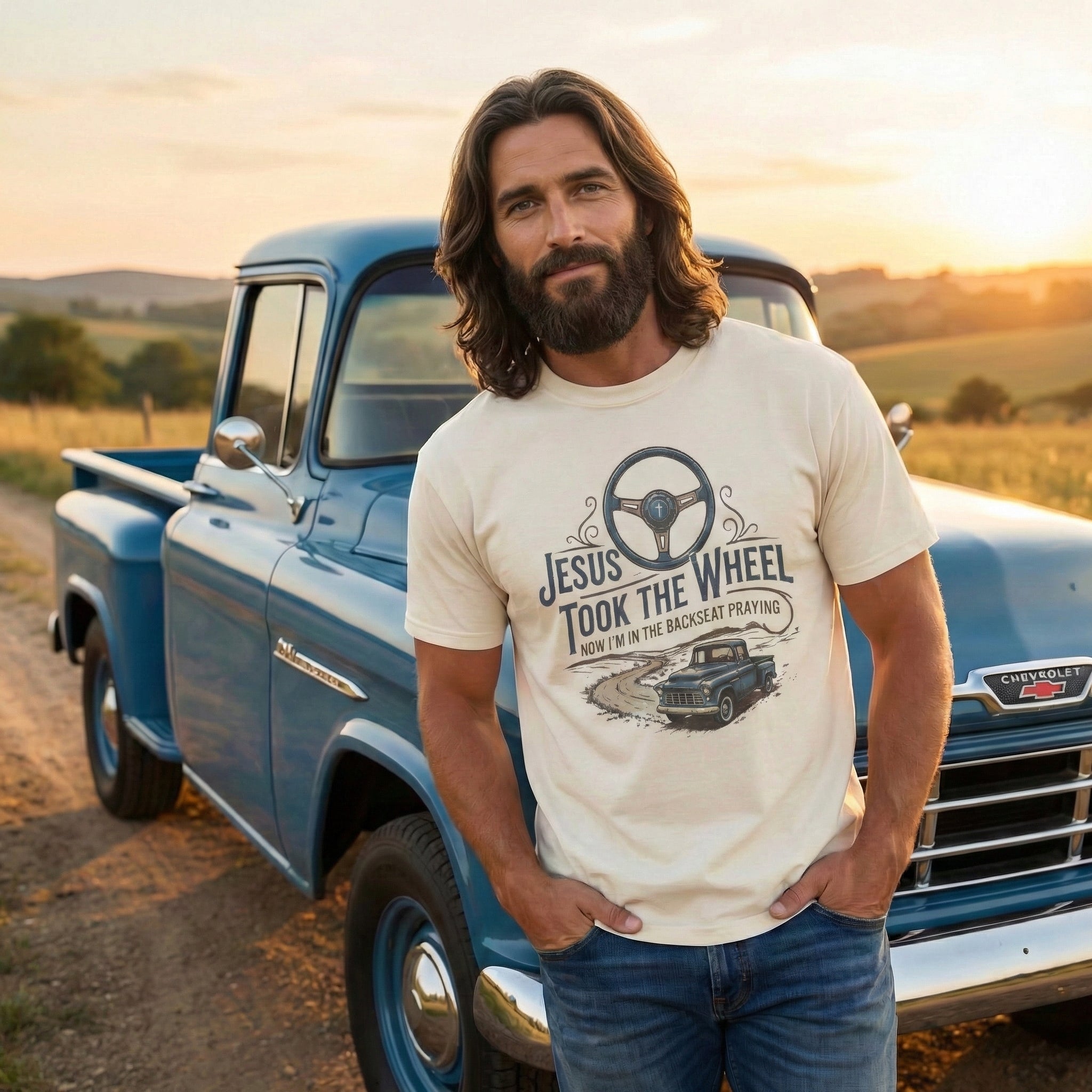 Jesus Took the Wheel steering wheel and vintage truck T-shirt | Christian faith shirt