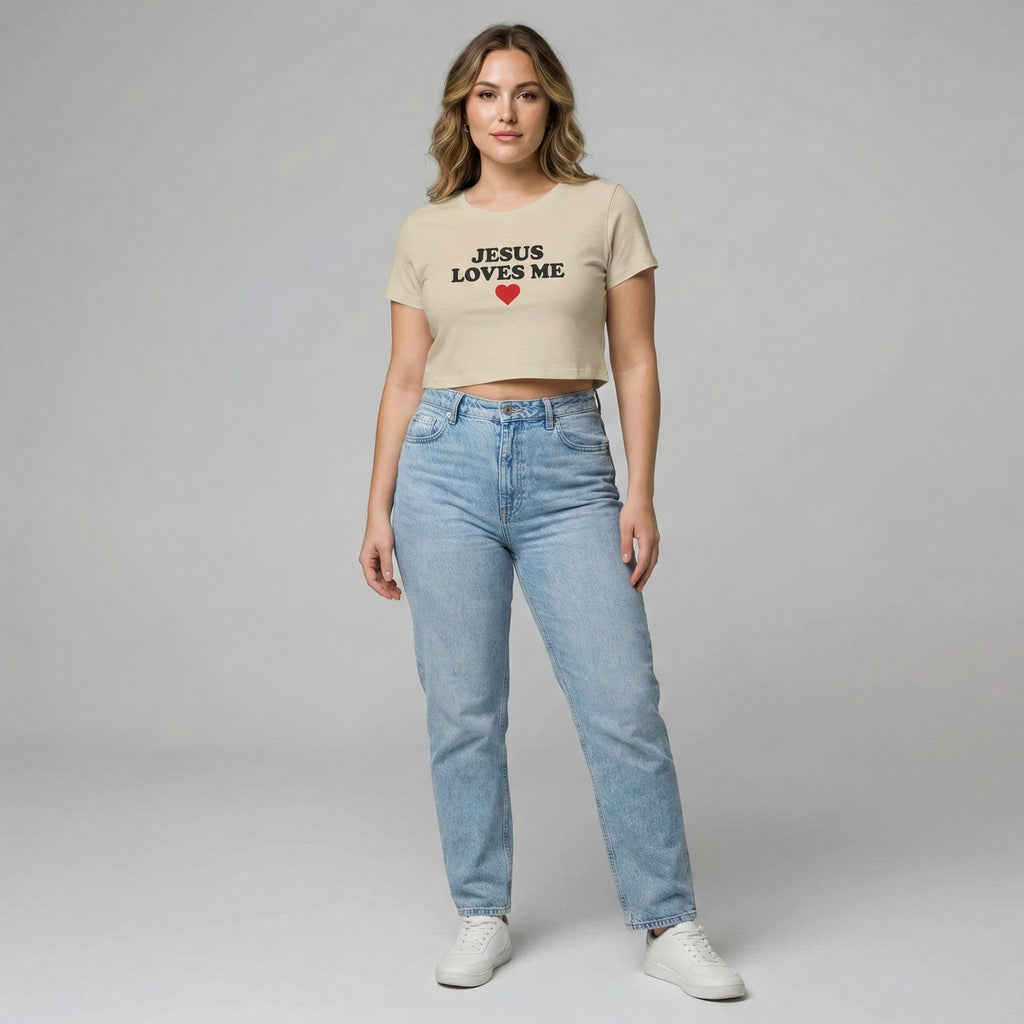 Jesus Loves Me Baby Tee, Christian Crop Top for Women, Faith Graphic Shirt, Minimal Religious Top