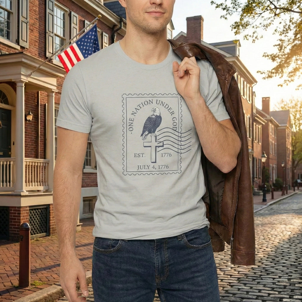 One Nation Under God Shirt, Patriotic Christian T Shirt, July 4 1776 Americana Tee, Stamp Design, Faith and Freedom Gift, America 250