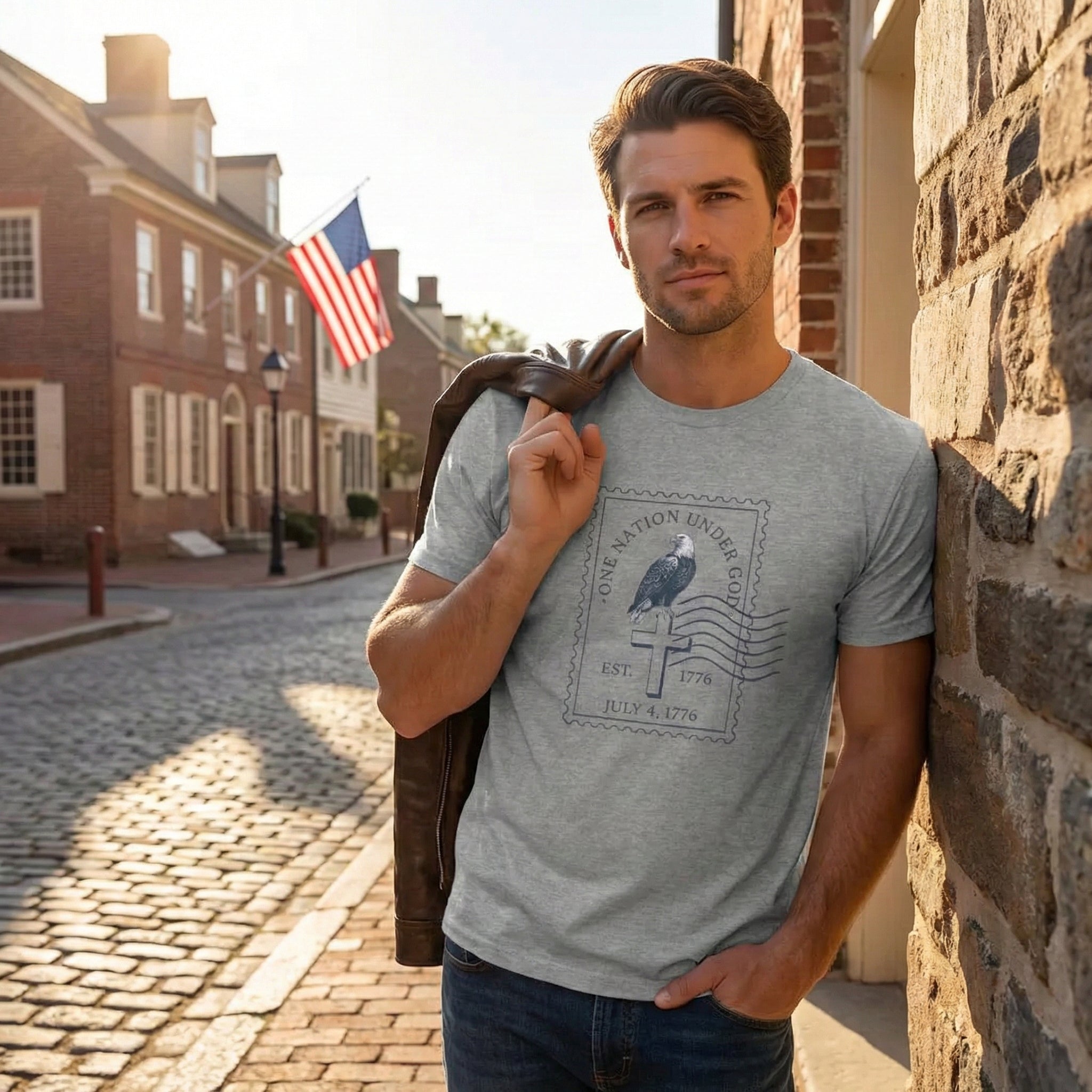 One Nation Under God Shirt, Patriotic Christian T Shirt, July 4 1776 Americana Tee, Stamp Design, Faith and Freedom Gift, America 250