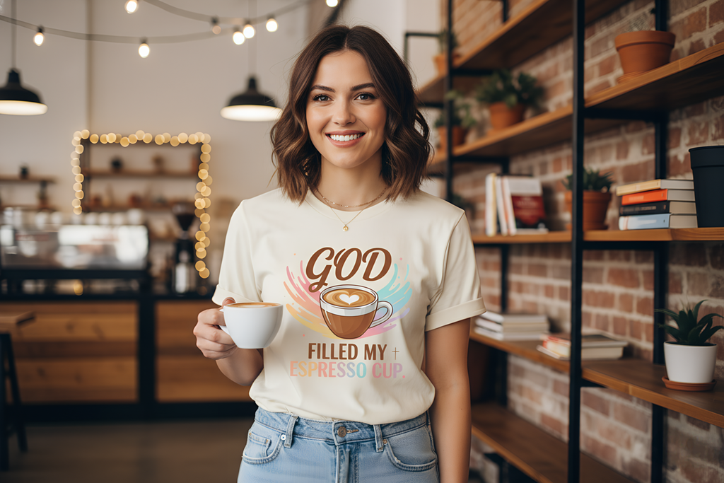 God Filled My Espresso Cup Shirt, Christian Coffee Tee, Faith Pop Trend Shirt, Bible Verse Espresso T-Shirt, Jesus Coffee Lover Gift