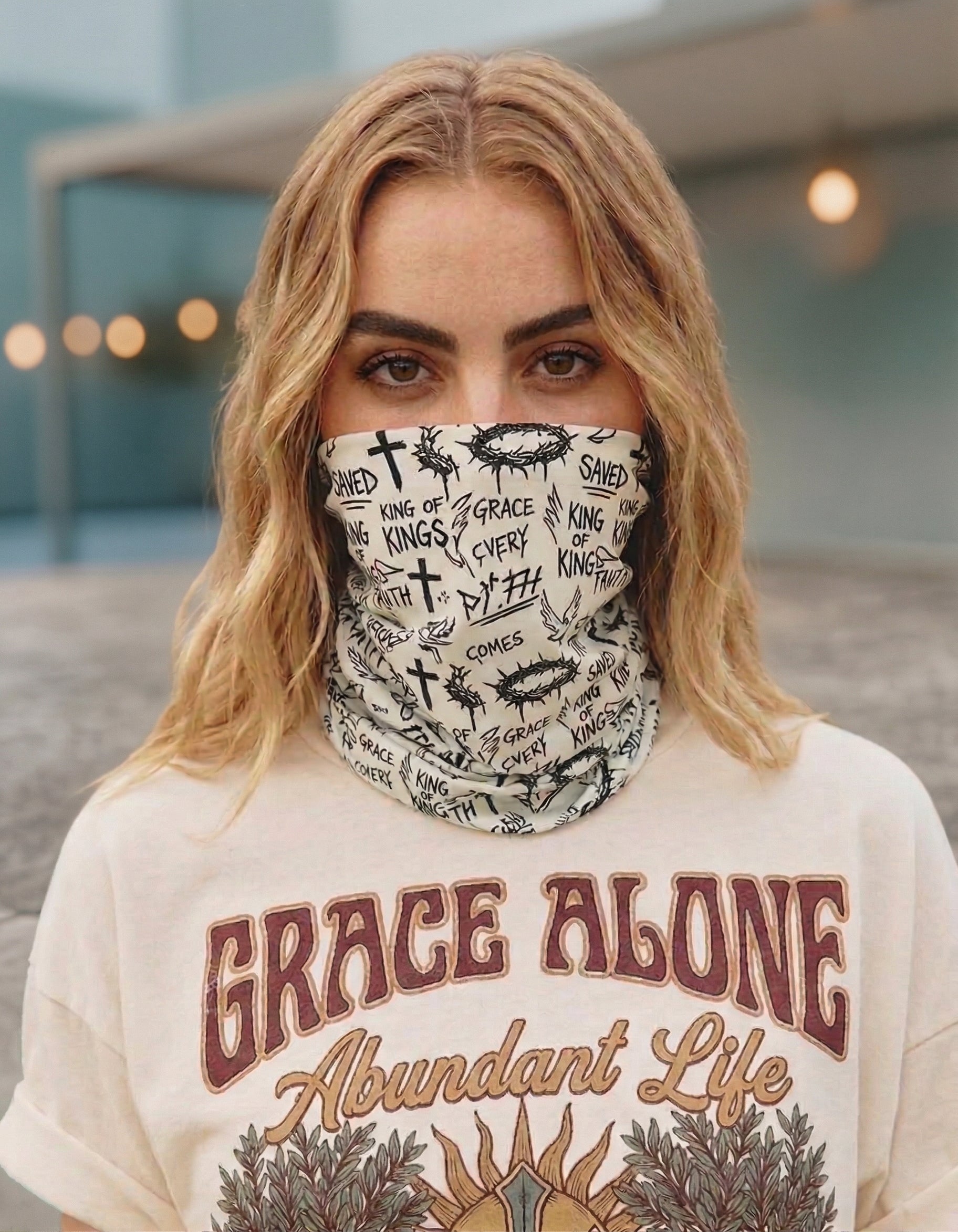 Christian Faith Graffiti Neck Gaiter | Scripture Cross Crown Design