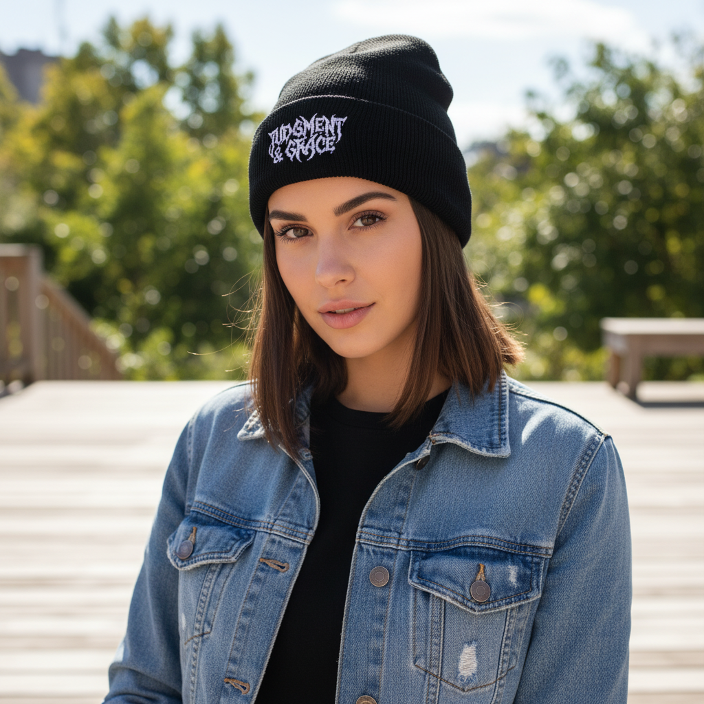 Judgement & Grace Beanie, Embroidered Black Cuffed Knit Hat, Gothic Christian Streetwear, Winter Faith Hat, Minimal Religious Gift