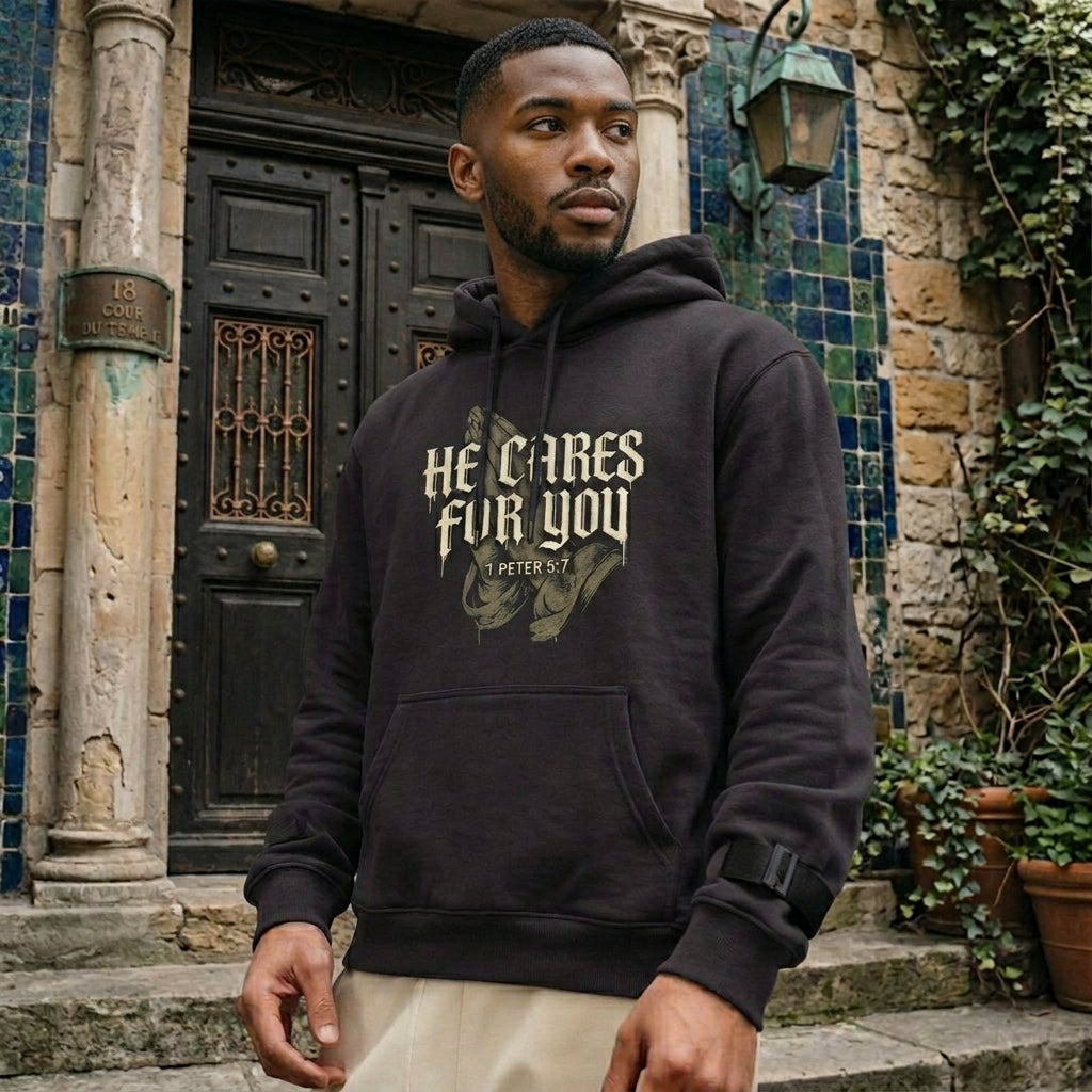 HE CARES FOR YOU Christian Hoodie, 1 Peter 5:7 Bible Verse, Faith Streetwear, Gift for Christian, ArmorNGlory