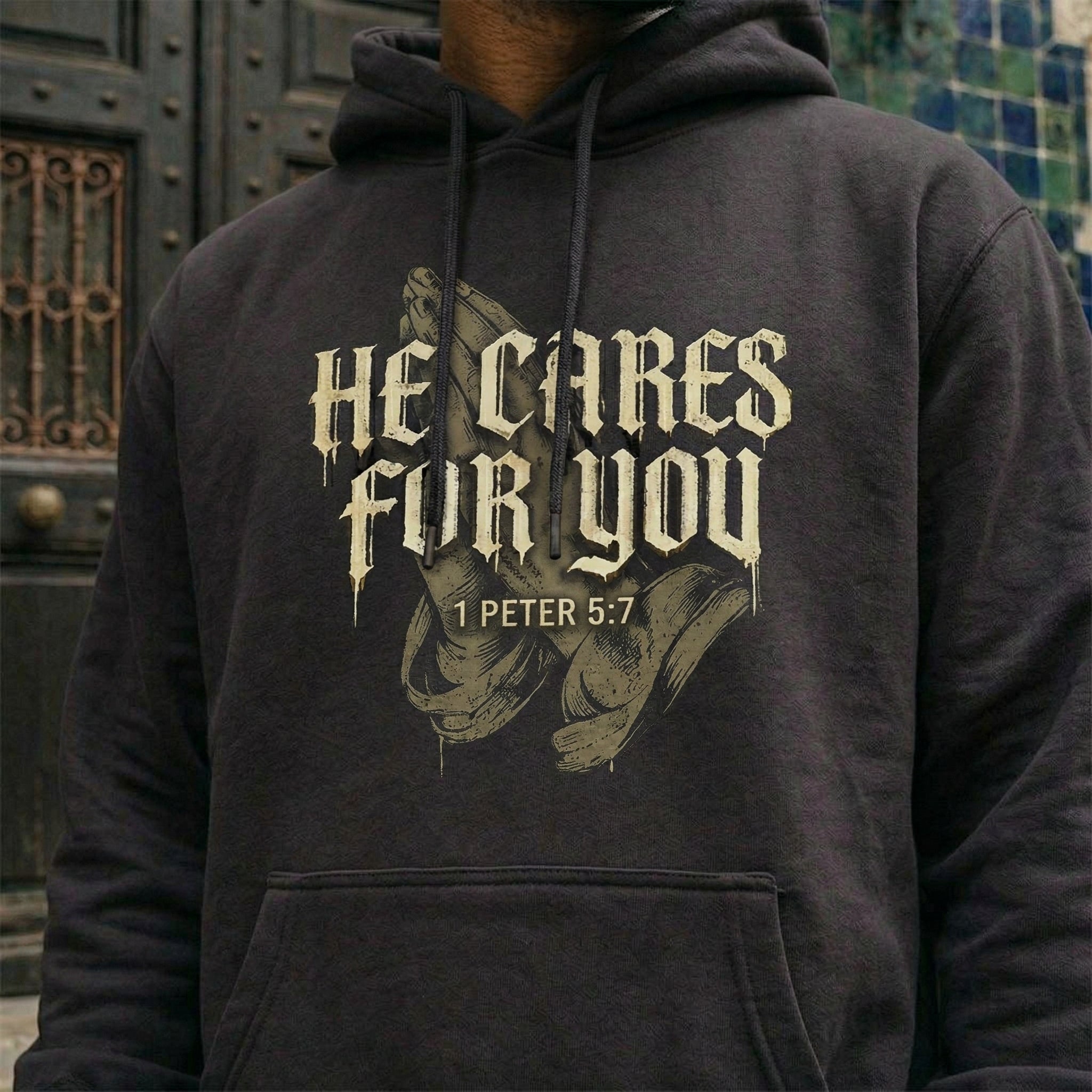 HE CARES FOR YOU Christian Hoodie, 1 Peter 5:7 Bible Verse, Faith Streetwear, Gift for Christian, ArmorNGlory