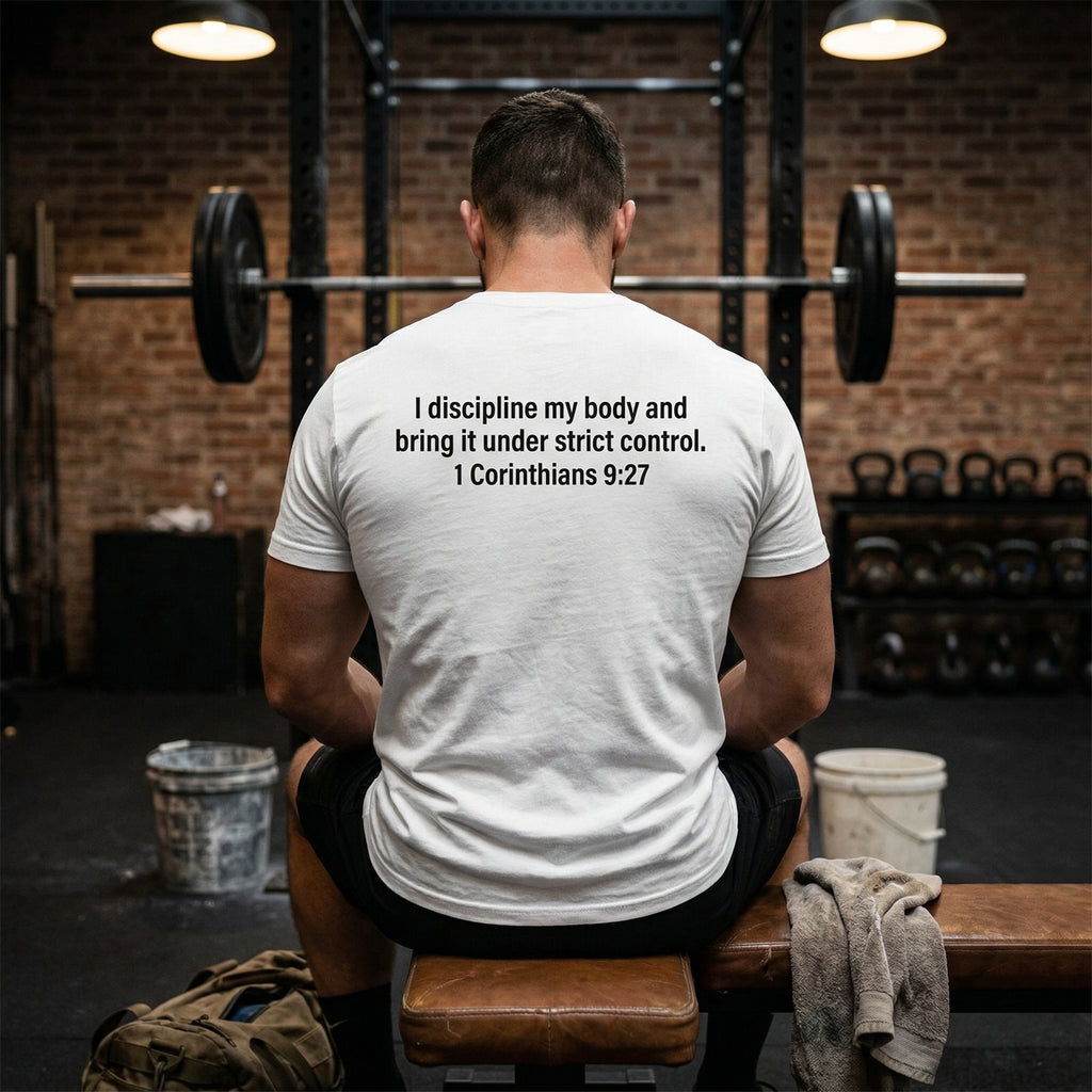 It Is Finished tee | Christian Scripture shirt, 1 Corinthians 9:27 back text