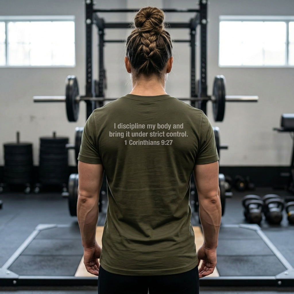 It Is Finished tee | Christian Scripture shirt, 1 Corinthians 9:27 back text