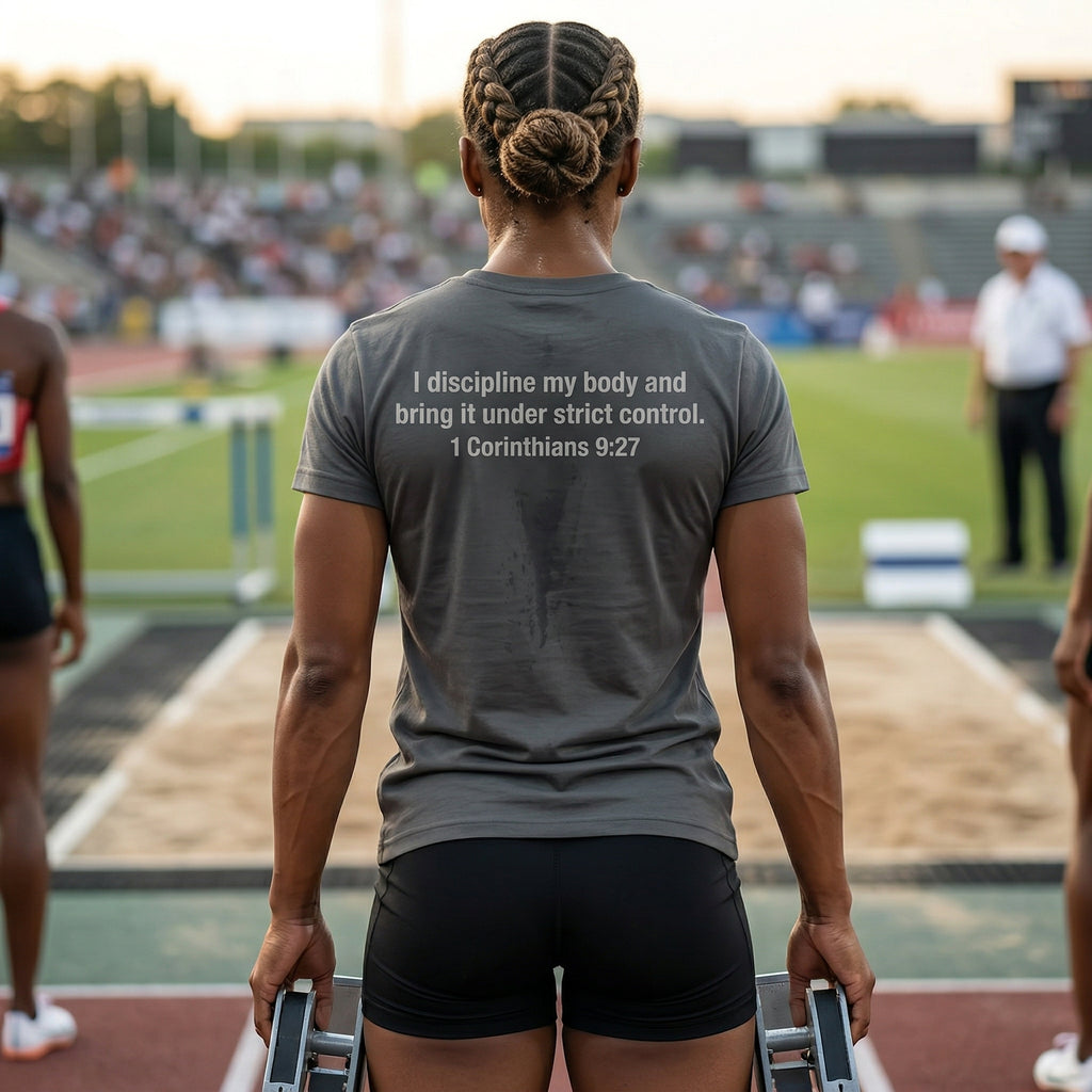 It Is Finished tee | Christian Scripture shirt, 1 Corinthians 9:27 back text