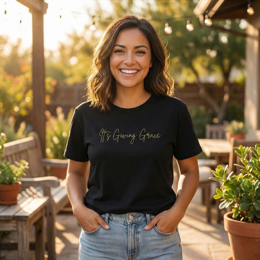 It's Giving Grace Shirt, Handwritten Script Tee, Trendy Christian Apparel, Cream Text T-Shirt, Faith Based Gift for Her