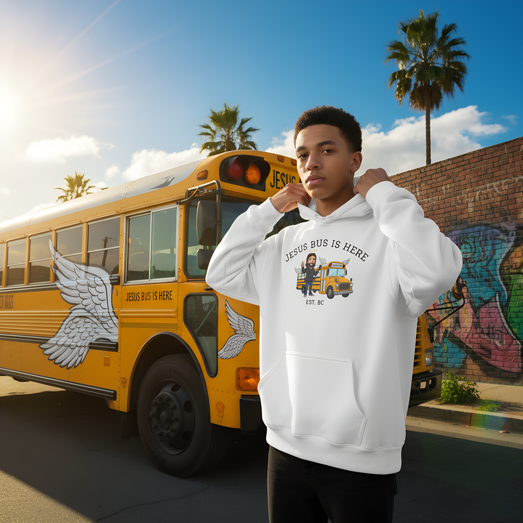 KJ version Jesus School Bus Illustration Hoodie | Jesus's Bus Is Here, EST BC