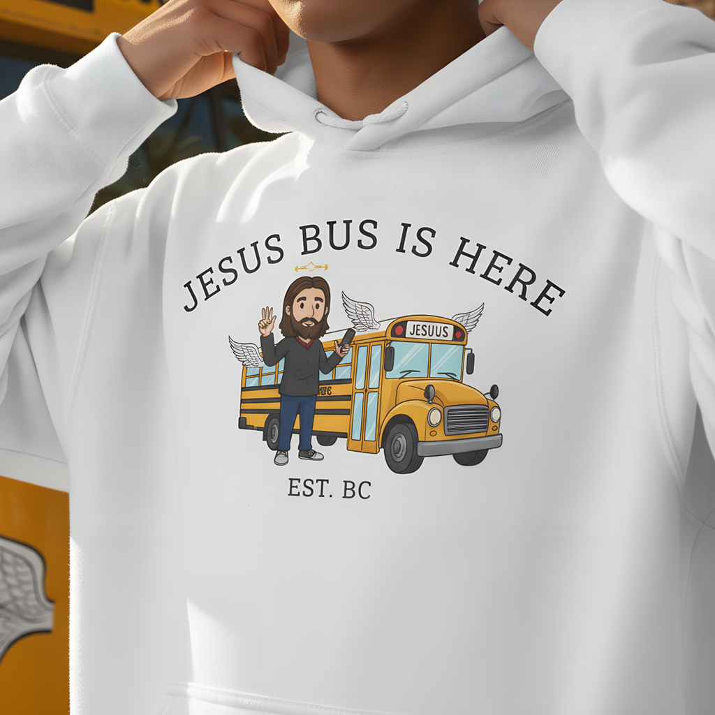KJ version Jesus School Bus Illustration Hoodie | Jesus's Bus Is Here, EST BC