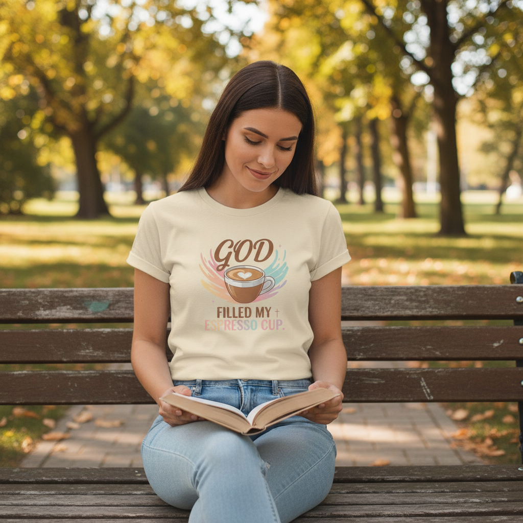 God Filled My Espresso Cup Shirt, Christian Coffee Tee, Faith Pop Trend Shirt, Bible Verse Espresso T-Shirt, Jesus Coffee Lover Gift