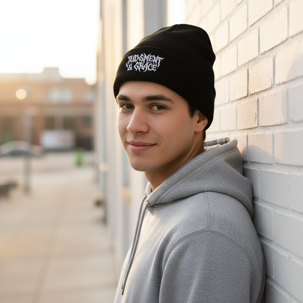 Judgement & Grace Beanie, Embroidered Black Cuffed Knit Hat, Gothic Christian Streetwear, Winter Faith Hat, Minimal Religious Gift