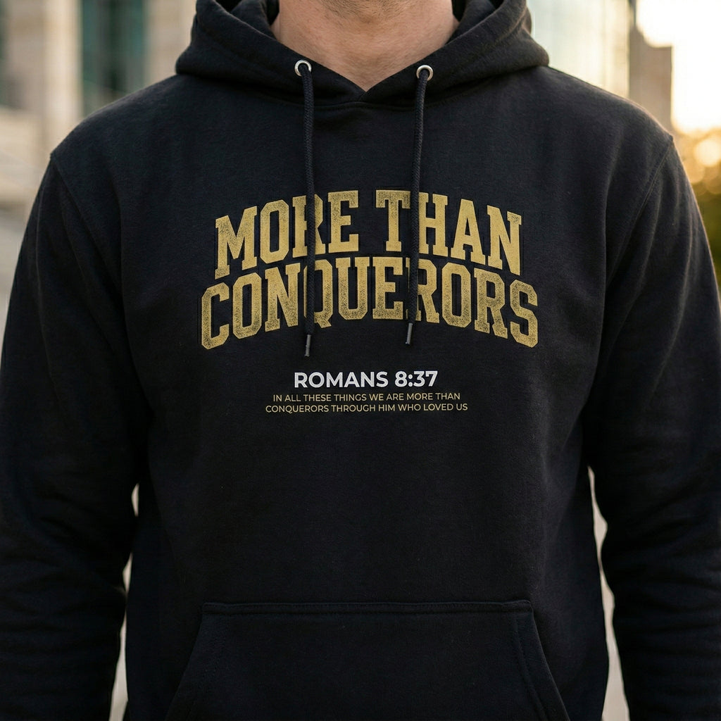 More Than Conquerors Hoodie, Romans 8:37 Scripture Sweatshirt, Christian Faith Hoodie, Unisex Cozy Pullover, Gift for Him Her